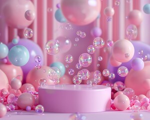 Pink background podium surrounded by 3D bubble