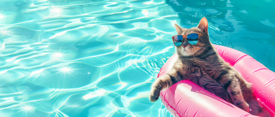 Summer vacation, hotel resort, tour operator, travel, pet shop creative banner. Funny cat wearing sunglasses rest on inflatable mattress in a swimming pool. Copy space. Recreation, relax