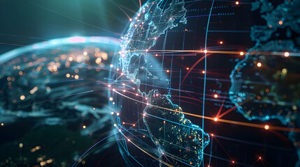 The digital world globe refers to the concept of global connectivity, high-speed data transfer, cyber technology, information exchange, and international communication 