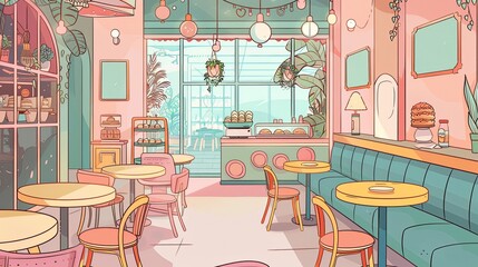 This cafe exudes a playful vibe with its retro pastel decor, hanging plants, and a cozy corner perfect for enjoying a fresh pastry and coffee. Retro Pastel Cafe Interior with Lofi Anime Cartoon
