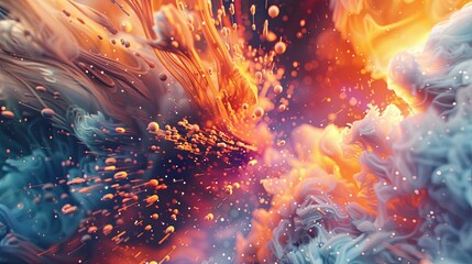 An abstract digital artwork captures the dynamic interaction between fiery orange and icy blue elements, evoking a sense of energetic contrast. Abstract Fiery and Icy Interaction Digital Art

 - obrazy, fototapety, plakaty