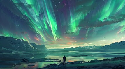 A solitary figure stands before the sweeping expanse of a frozen landscape, captivated by the breathtaking Aurora Borealis in the twilight sky. Lone Observer Amidst the Mesmerizing Aurora Borealis


