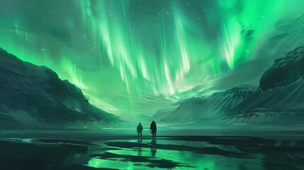 Two silhouetted figures stand in awe beneath the vibrant green aurora borealis in a vast icy landscape. Aurora Borealis over Icy Landscape

