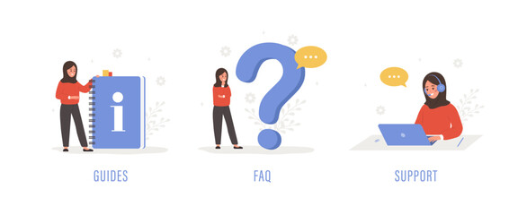 Customer support. Islamic female characters ask questions, get answers, and read user manual. FAQ concept. Online help service. Set of vector illustration in flat cartoon style.