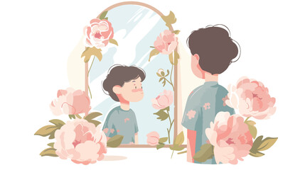 Little Boy in front of Mirror with Peonies Flat vector