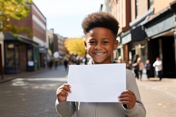 Confident young boy holding up a white paper on a busy street, ideal for advertisements or announcements. Generative AI - obrazy, fototapety, plakaty