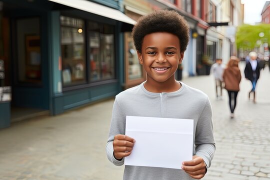 Confident young boy holding up a white paper on a busy street, ideal for advertisements or announcements. Generative AI
