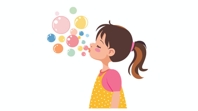 Little Girl Blowing Bubbles Flat vector isolated on white