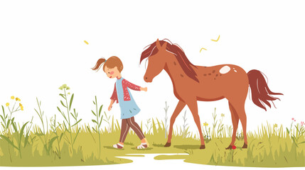 Little Girl walking with her Horse in a Field Flat vector