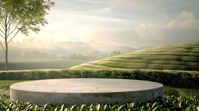 Round Stone Podium in the Tea Field Farm on a Sunny Day, with elegance and simplicity in mind, Copy Space for Advertisement or Product Presentation Background.