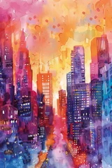 Foto op Plexiglas Aquarelschilderij wolkenkrabber  watercolor city skyscrapers colored element for design ,  