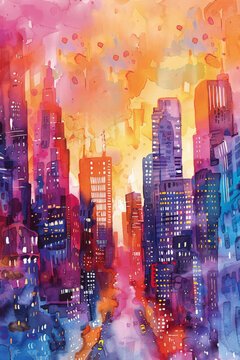 watercolor city skyscrapers colored element for design ,  