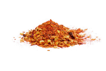 Red dried chili pepper isolated. Dried chili flakes and seeds isolated. Cayenne pepper, dried chili flakes isolated on transparency background