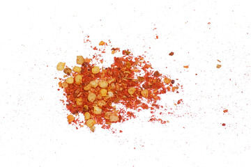 Red dried chili pepper isolated. Dried chili flakes and seeds isolated. Cayenne pepper, dried chili...