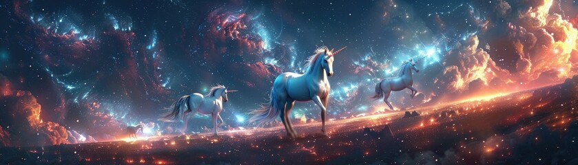 Enchanted Bliss: Mystical unicorns prance under a starry midnight sky in a surreal and mesmerizing display of magic and wonder. - obrazy, fototapety, plakaty