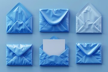 Set of realistic blue envelope layouts on a blue background