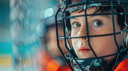 Fototapeta na wymiar Youthful hockey player in gear with focused expression behind protective mask. Generative AI