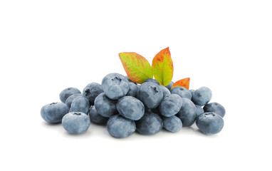 Heap of ripe great blueberry with autumn colorful leaves isolated on white background