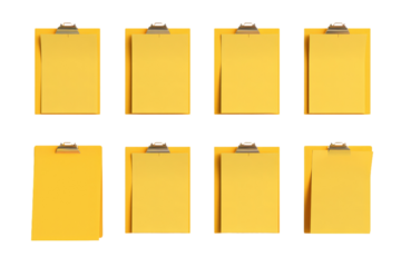 Vibrant Yellow Clipboards Holding Various Clippings. On White or PNG Transparent Background.