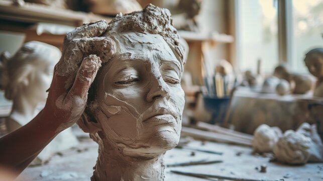 Using water and clay, the artist crafts a sculpture of a man's head, focusing on the jaw for an intricate carving. This art form dates back to ancient history. AIG41