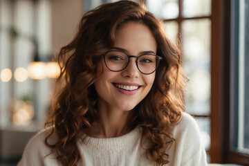 Lächelnde junge Frau mit Brille und braunen Locken in hellem Raum - obrazy, fototapety, plakaty