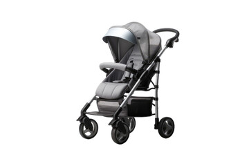 Elegant Silver Stroller With Stylish Grey Seat. On White or PNG Transparent Background.