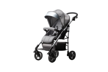 Elegant Silver Stroller With Stylish Grey Seat. On White or PNG Transparent Background.