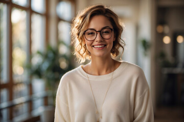 Lächelnde junge Frau mit Brille und Kurzhaarfrisur in hellem, modernem Ambiente - obrazy, fototapety, plakaty