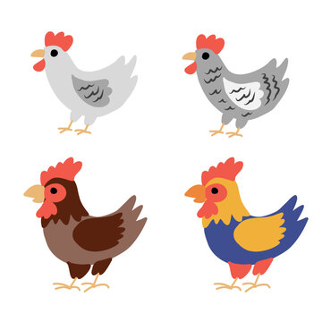 Cartoon cute farmer animals, vector rooster, chick, chicken isolated on white background, domestic funny birds set, Character design for greeting card, children invite, creation of zoo alphabet