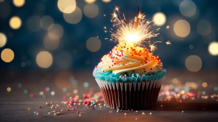 A cupcake with a lit candle on top, surrounded by colorful sprinkles - obrazy, fototapety, plakaty