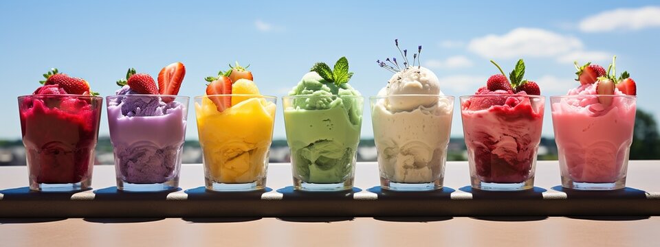 A row of colorful fruit sorbets in clear glass cups, set against a bright, sunny background, capturing the essence of summer freshness. Generative AI