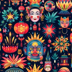 Festive Cultural Masks and Fireworks Celebration Seamless Pattern