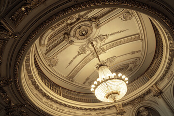 Obraz premium An elegant, curved ceiling adorned with intricate plaster moldings and rosettes, centered around a large, ornate chandelier for a touch of classic beauty.