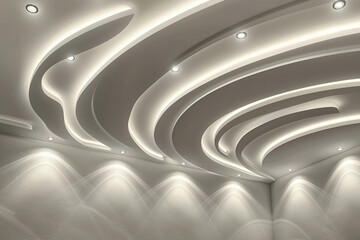 Obraz premium An elegant ceiling design featuring soft, undulating curves that mimic gentle waves, with recessed lighting adding a serene glow to the tranquil theme.