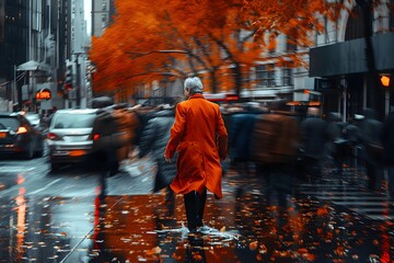 Un anciano de espaldas vistiendo un abrigo color naranja intenso caminando en la ciudad en un dia lluvioso de otoño. Las personas caminan rapidamente a su lado. Estres en la vida citadina diaria - obrazy, fototapety, plakaty