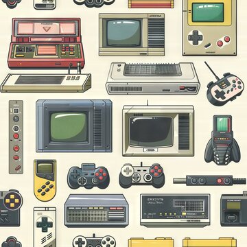 Retro Gaming Devices Seamless Pattern with Vintage Electronics

