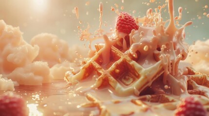Waffles with berries and cream splash. A beautifully presented dessert. - obrazy, fototapety, plakaty