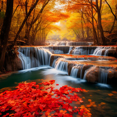 Beautiful waterfall in autumn forest at Erawan waterfall National Park, Kanchanaburi, Thailand