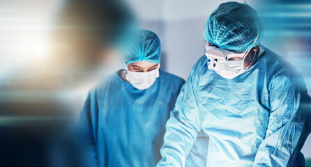 Medical, surgery and doctors in busy operating room, theatre or icu for anatomy, risk or emergency....