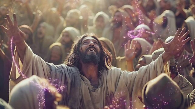 Lord Jesus stood and smiled in the midst of the people . seamless looping time-lapse virtual video Animation Background.