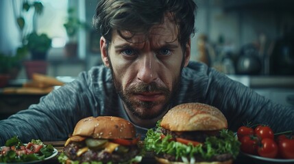 Man facing a dilemma healthy salad vs. burger