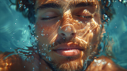 Relaxed Man's Face Submerged Underwater, Glistening With Sun's Embrace