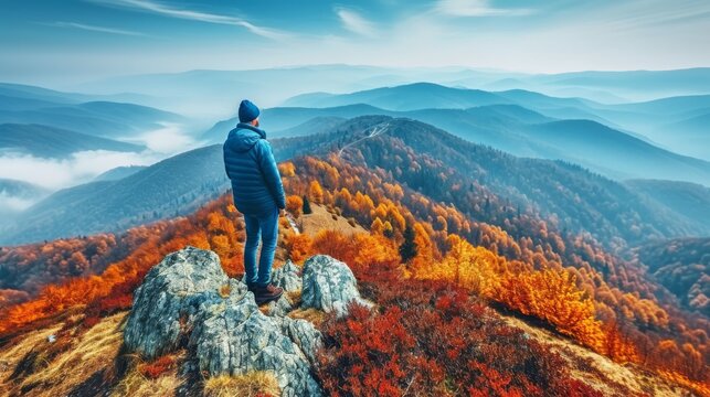 Autumn Reverie: Solo Traveler Overlooking Misty Mountains