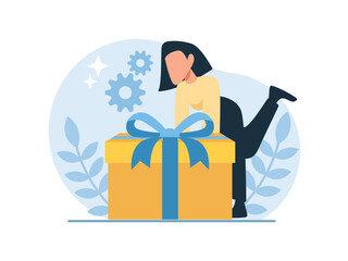 Vector of a happy woman opening a gift box - 767648720