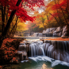 Beautiful waterfall in autumn forest at Erawan waterfall National Park, Kanchanaburi, Thailand