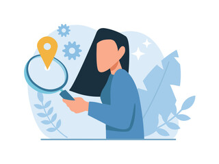 Vector of a woman with magnifying glass is looking for a location or information - 767648763