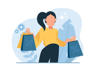 Vector of a woman with shopping bags and discount deals - 767648775