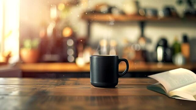 Scene of a cup of coffee with a minimalist kitchen background, animated virtual repeating seamless 4k