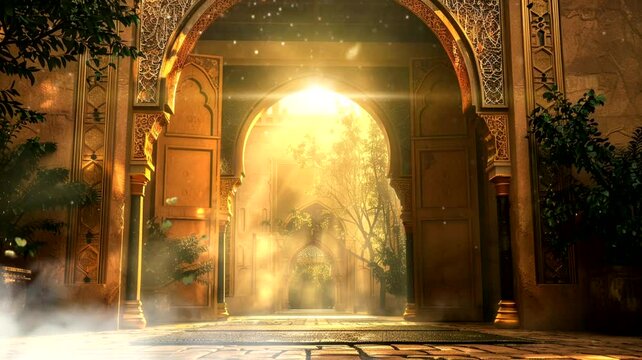 Lighting Islamic gate scene, animated virtual repeating seamless 4k