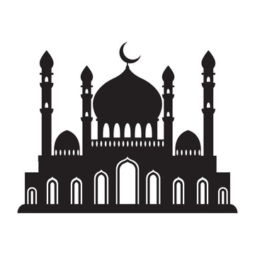 Vector islamic mosque black silhouette. Ramadan muslim icon isolated on white. Arabian mosque building shape with minarets. Eid Al-Fitr illustration